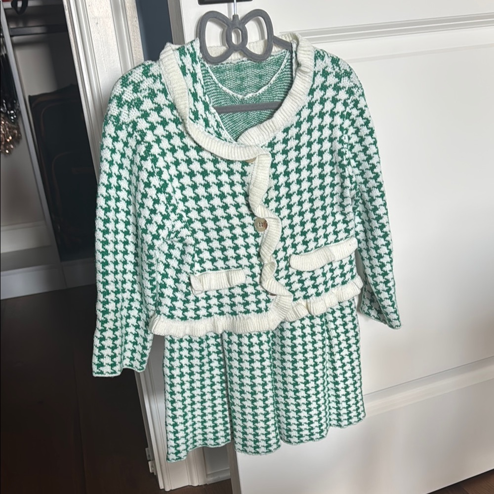 Toddler Girls Green and White Houndstooth Dress and Cardigan
